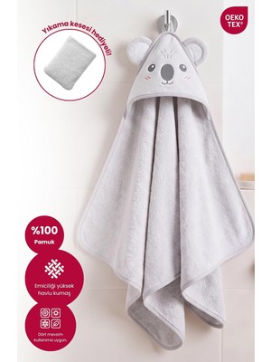 Gy Atelier Kapüşonlu Bebek Banyo HAVLUSU%100 Pamuk Bebek Havlu Oeko-Tex® Havlu Kundak - Gri Koala, 75 x 75 cm