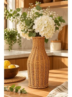 Gy Atelier Doğal Hasır Rattan Çiçek Vazosu 25.5 cm - Masa Üstü Dekoratif El Örgüsü Kuru Çiçeklik ve Saksı