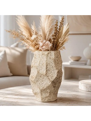 Gy Atelier Traverten Görünümlü Dekoratif Vazo, El Yapımı Dokulu Tasarım, Kuru Çiçek ve Pampas Otu Için, Modern Bohem Ev Dekoru, Krem, 22 x 14 cm