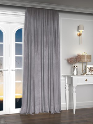 Gy Atelier Kadife Görünüm Gümüş Grisi Fon Perde, 300 x 250 Cm, Ekstraforlu, Velvet Touch Serisi