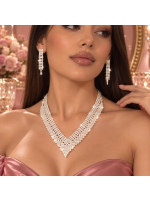 Gy Atelier Taşlı V Yaka Kolye ve Sallantılı Küpe Takı Seti