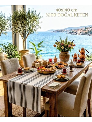 Gy Atelier Masa Örtüsü Runner, Keten-Pamuk, Çizgili Desen, Gri-Beyaz, 40X140 Cm, Modern Dekoratif, Amerikan Servis