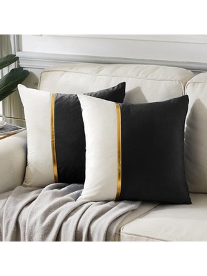 Gy Atelier 2 Paket Siyah Dekoratif Kırlent Kılıfları 45X45 cm Oturma Odası Kanepe Yatağı Için, Siyah Beyaz Kadife Yama Işi Altın Deri, Lüks Modern Ev Dekoru, Accent Yastık Kılıfı 45X45 cm