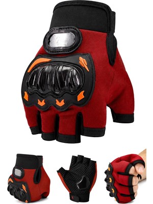 Gy Atelier M Beden Korumalı Kesik Yarım Motosiklet Eldiveni Unisex Bisiklet Motorcu Eldiveni Kırmızı 116