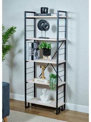 Gy Atelier Dekoratif Beyaz Ahşap Raflı Metal Kitaplık Çok Amaçlı 5 Raflı Dolap Matkapsız Kolay Kurulum