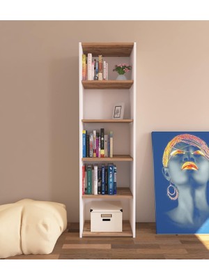 Gy Atelier Nur Mobilya Maya 5 Raflı Kitaplık Beyaz-Atlantik Çam