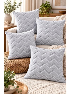 Gy Atelier Dekoratif Peluş Kırlent Kılıfı Seti, Iskandinav Zigzag Balıksırtı Desenli, Modern Salon ve Koltuk Yastık Kılıfı, 42X42 cm (Zigzag Gri 4'lü)