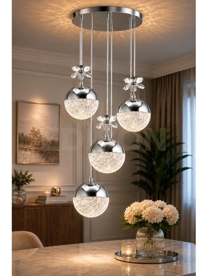 Gy Atelier 4'lü Gümüş Kristal Sarkıt Avize, Led, Modern, Salon Yemek Masası Mutfak, 3 Renk Işık
