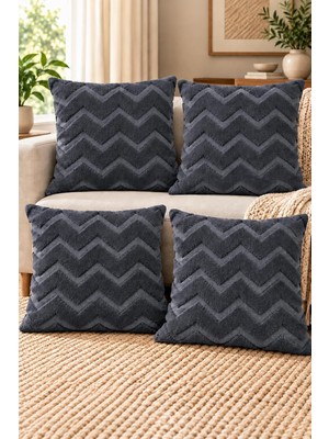 Gy Atelier Dekoratif Peluş Kırlent Kılıfı Seti, Iskandinav Zigzag Balıksırtı Desenli, Modern Salon ve Koltuk Yastık Kılıfı, 42X42 cm (Zigzag Antrasit 4'lü)