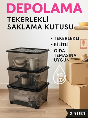 Gy Atelier 60 Lt Tekerlekli Saklama Kutusu (3'lü Set) - Kilitli, Gıda Temasına Uygun, Şeffaf Depolama Kutusu Siyah