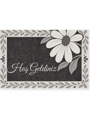 Gy Atelier Hoş Geldiniz Yazılı Papatyalı Kapı Paspası, Kaymaz Kauçuk Taban, Makinede Yıkanabilir, Dijital Baskılı Kapı Önü ve Antre Paspası, Antrasit, 60X90 cm