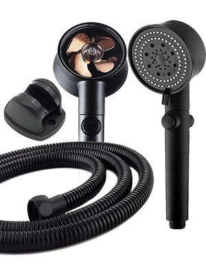 Gy Atelier 3'lü Set Siyah 5 Fonksiyonlu Turbo Jet Pervaneli Duş Başlığı Örgülü Hortum ve Askı