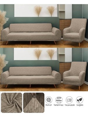 Gy Atelier Jakarlı Düz Desen 3 3 1 1 Lastikli Koltuk Örtüsü Takımı Kanepe Çekyat Örtüsü Koltuk Kılıfı Vizon 180 x 230
