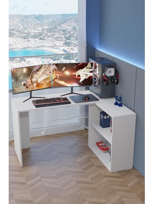 Gy Atelier L Masa Beyaz - L Çalışma Masası Bilgisayar Masası Dolaplı Kitaplıklı