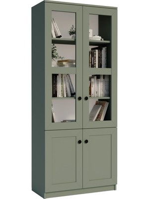 Gy Atelier Lisa Cam Kapaklı 4 Kapak Vitrin Kitaplık Çok Amaçlı Dolap 80 cm Yeşil