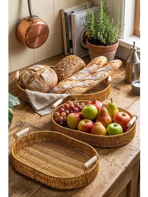 Gy Atelier Valera Rattan Dekoratif Sepet Sunum Servis Tepsisi 3'lü Ahşap Saplı Oval Sepet Seti