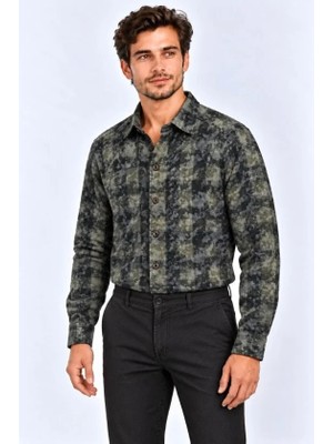 Defy Moda Erkek Ekose Kareli Batik Yıkamalı Şardonlu Uzun Kollu Regular Fit Oduncu Gömlek - Haki