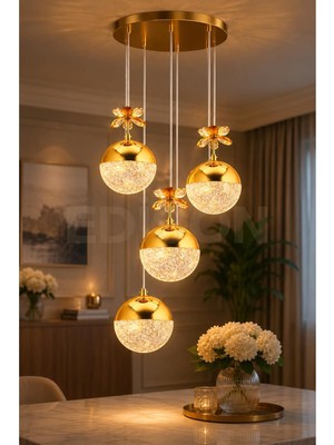 Tr 4'lü Gold Kristal Sarkıt Avize, 3 Renk Led, Modern Salon Yemek Masası Mutfak Dekoratif Avize