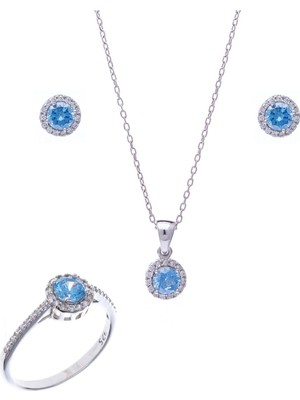 Gy Atelier Mavi (Akuamarin) Zirkon Taşlı 925 Ayar Gümüş Kadın Üçlü Tektaş Set