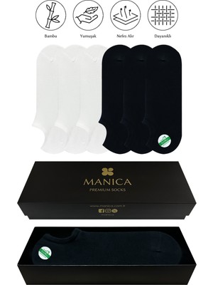 MANICA Erkek Bambu Sneaker Çorap 6 Çift - Üçer Çift Siyah, Beyaz