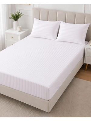 Gy Atelier Wova Home Pearl Stripe Çift Kişilik Çarşaf Takımı%90 Pamuk 83 Tel Saten Çizgili Beyaz Lastikli Çarşaf Takımı 180X200X30 cm