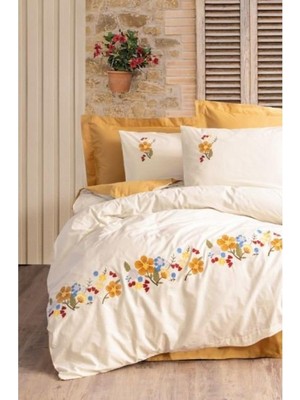 Tr 8680108071205 Nakışlı Ranforce Çift Kişilik Nevresim Takımı Pamuya HARDAL,200 x 220 Hardal