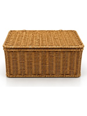 Naturel Dekor Rattan Göünümlü Kulplu Kapaklı Dikdörtgen Küçük Boy Saklama Kutusu ve Organizer 21X31X12 cm - Bohem, Sepet, Düzenleyici, Hurç, Iskandinav, Modern