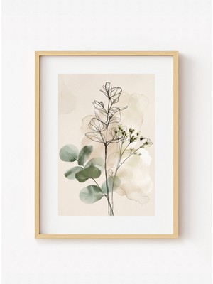 Pena Tablo Okaliptüs Yapraklı Line Art Ahşap Çerçeveli Tablo - Iskandinav Tarzı Duvar Dekoru
