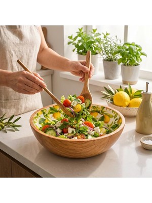 Tr Mango Ağacı Kase 25 Cm, Limon Desenli Iç Yüzey, 7 cm Yüksekliğinde Geniş Salata ve Servis