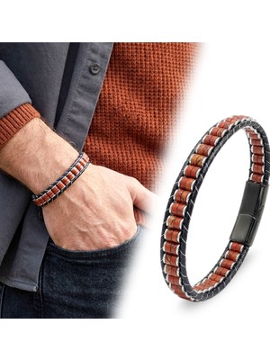 Mestore Kırmızı Jasper & Hematit Çelik Örgülü Deri Bileklik 31682B22D6
