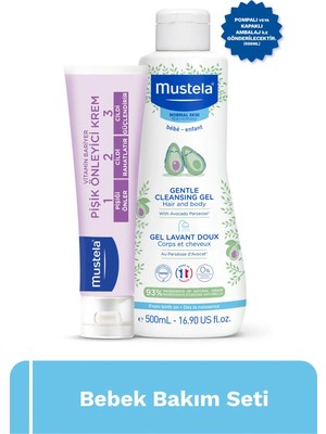 Mustela Bebek Bakım Seti 500 ml Doğal İçerikli Pişik Önleyici Krem ve Nazik Temizleme Jeli