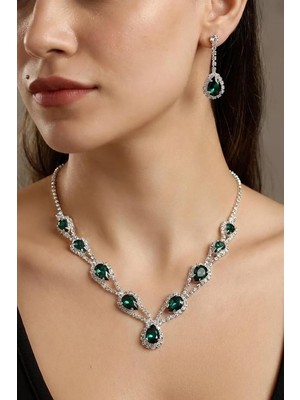 Accessories Hürrem Model Yeşil Taşlı Kolye Küpe Takı Seti Gerdanlık - Gelin Düğün Nişan Abiye Set