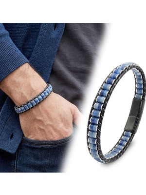 Mestore Mavi Aventurin & Hematit Çelik Örgülü Deri Bileklik 31682B22D4