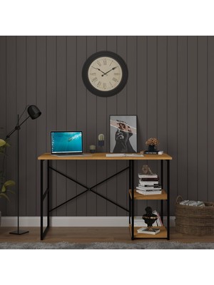 Asra Trend Petra Desen METALÇM01 Raflı Metal Çalışma Masası 120X60 cm 2 Katlı Yan Raflı Bilgisayar Masası Endüstriyel x Çapraz Destekli Modern Ofis MASASI%100 Mdflam