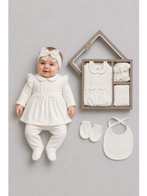 Babyden's Kız Bebek 5'li %100 Pamuk Mevlüt Takımı Hastane Çıkışı Seti Fırfırlı Dantelli Fistolu Yenidoğan Bebek Takımı