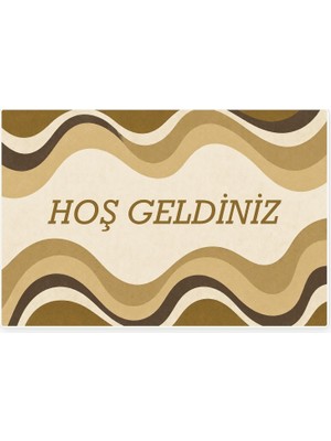 Hoş Geldiniz Yazılı Retro Dalga Kapı Paspası, Kaymaz Kauçuk Taban, Makinede Yıkanabilir, Dijital Baskılı Kapı Önü ve Antre Paspası, Hardal Sarısı, 60X90 cm