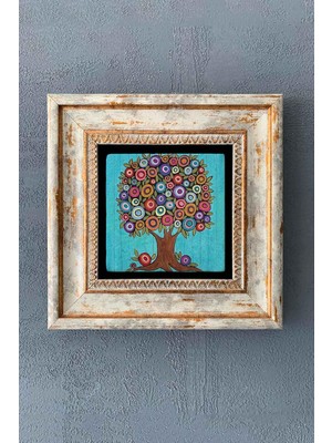 Tr Renkli Hayat Ağacı Çerçeveli Taş Tablo 20X20 Cm-Wall Decor Oscar Stone Decor