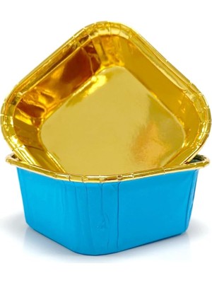 Dolphin 25LI Muffin Kalıbı - Cupcake Kalıpları, Su Geçirmez ve Yağ Geçirmez Pişirme Kağıtları, Ev Veya Parti Için Alüminyum Folyo Pişirme Kek Kapları -Kare Mavi-Altın