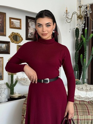 Miss Beyoğlu Triko Kemerli Balıkçı Yaka Elbise - Uzun Kollu Kadın Elbise