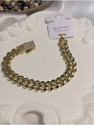 Xuping Jewelry 14K Altın Kaplama Zirkon Taşlı Özel Kilitli Kalın Zincir Kadın Bileklik 18 cm