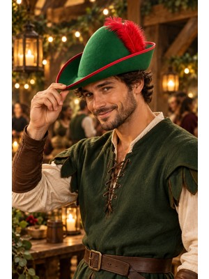 Dodomar Yeşil Peter Pan Robin Hood Şapkası Kırmızı Tüylü Kenar Biyeli Parti Kostüm Sahne Aksesuarı