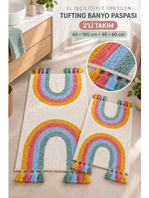 Alanur Home Alanur Bodrum Tufting Gökkuşaği Cotton Pamuklu El Işi Örgülü 2 Li Paspas Set
