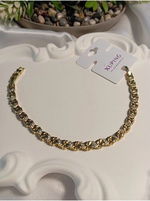 Xuping Jewelry 14K Altın Kaplama Zirkon Taşlı Geometrik Motifli Kadın Bileklik 17-19 cm