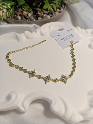 Xuping Jewelry 14K Altın Kaplama Zirkon Taşlı Çiçek Motifli Kadın Bileklik 17-22 cm