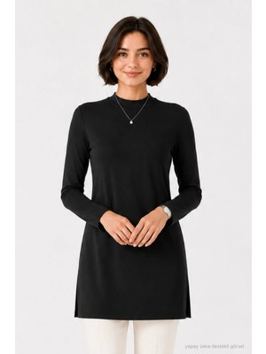 Penye Bizden Premium Viskon Dik Yaka Uzun Tunik -Siyah