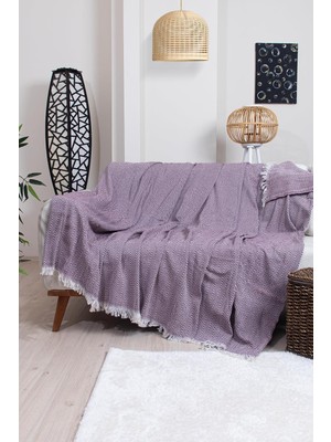 Pamuklu Zikzak Desenli Püsküllü Koltuk Örtüsü, 170X210 Cm, Geometrik Desen, Minimalist Stil, Yıkanabilir (Bordo)