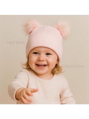 Myzi Store Çocuk Bebek Çift Ponponlu Kışlık Triko Bere – Kız Çocuk Şapka (1-7 Yaş)