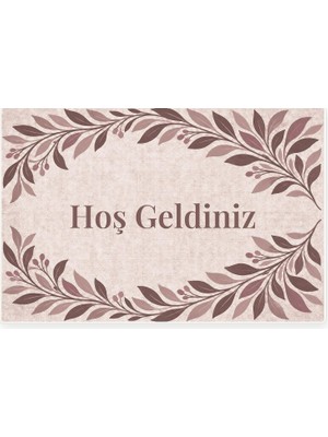 Hoş Geldiniz Yazılı Yaprak Desenli Kapı Paspası, Kaymaz Kauçuk Taban, Makinede Yıkanabilir, Dijital Baskılı Kapı Önü ve Antre Paspası, Gül Kurusu, 60X90 cm