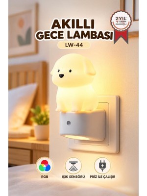 Torima Köpek Tasarımlı Gece Lambası Rgb Işıklı Akıllı Sensörlü Priz Tipi Lamba LW44 Beyaz
