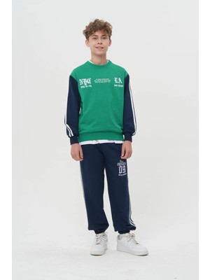 Haykids Erkek Çocuk Kolej Tarzı Nyc La Baskılı Renk Bloklu Eşofman Takımı Yeşil - 10 Yaş